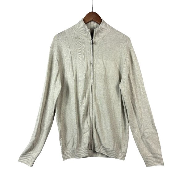 Perry Ellis Full Zip Long Sleeves Beige Sweater Size Large Modern Work Classic - Picture 2 of 9